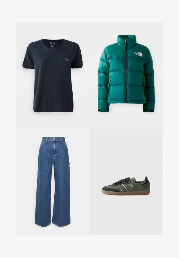 Zelena puffer jakna s visokim ovratnikom, zatvorenim prednjim dijelom i bočnim džepovima. Napravljena od sjajnog, quilted materijala s istaknutim logotipom.; Tamnoplavi kratki rukav T-shirt napravljen od meke tkanine, s okruglim izrezom i malim logotipom na lijevoj strani prsa. Jednostavan i ležeran dizajn.; Široke plave traperice s visokim strukom, kontrastnim šavovima i bočnim džepovima, s klasičnim dizajnom s pet džepova i sirovim rubovima.; adidas Originals SAMBA OG - Tenisice - core black/legend earth/gum