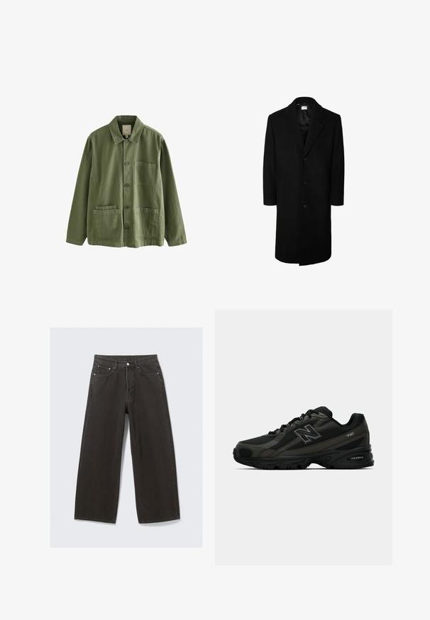 Manteau en laine noire avec un col à revers classique, des manches longues et une fermeture à cinq boutons sur le devant ; texture lisse et design jusqu'aux genoux.; Sweat-shirt marine avec rayure horizontale verte, passepoil blanc, poignets et col côtelés ; présente un logo doré centré sur la poitrine.; Veste vert olive en coton avec un devant à boutons, un col pointu et quatre poches. Présente une coupe décontractée et une texture douce.; T-shirt en coton blanc à manches courtes, col rond et coupe décontractée. Texture lisse, sans motifs ni accents.; Des jeans en denim noir à jambe large présentent une taille haute, un design à cinq poches et une fermeture à bouton. Le tissu a une finition douce et texturée.; Baskets de sport noires avec une tige synthétique texturée, dotées d'une semelle rembourrée et d'un logo "N" bien en vue sur le côté. Le design comprend des sections en maille légère.