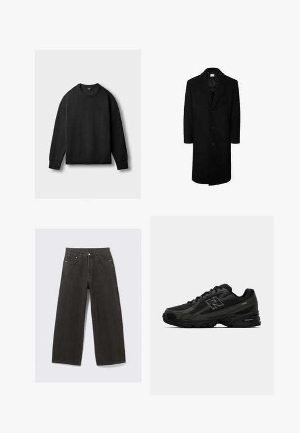 Cappotto lungo in lana nera con colletto a linguetta classico, maniche lunghe e chiusura frontale a cinque bottoni; texture liscia e design di lunghezza al ginocchio.; Maglione nero a maglia con collo rotondo, maniche lunghe e polsini, orlo e colletto a coste, esposto in posizione piatta su uno sfondo chiaro.; Giacca verde oliva in cotone con chiusura a bottoni, colletto a punta e quattro tasche. Presenta una vestibilità rilassata e una texture morbida.; Jeans in denim nero a gamba larga presentano una vita alta, design a cinque tasche e chiusura con bottone. Il tessuto ha una finitura soffice e testurizzata.; Scarpe sportive nere con una tomaia in sintetico testurizzato, dotate di una suola imbottita e un prominente logo "N" sul lato. Il design include sezioni in rete leggera.