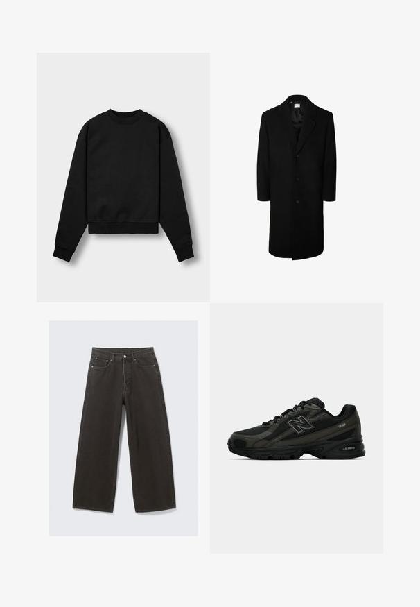Černý vlněný kabát s klasickým límečkem, dlouhými rukávy a zapínáním na pět knoflíků; hladká textura a délka ke kolenům.; Černá zkrácená mikina s dlouhými rukávy, kulatým výstřihem a žebrovanými manžetami. Disponuje měkkou texturou látky a minimalistickým designem.; Olivově zelená bunda vyrobená z bavlny s knoflíkovým zapínáním, špičatým límcem a čtyřmi kapsami. Má volný střih a měkkou texturu.; Džíny s širokými nohavicemi černé barvy mají vysoký pas, design s pěti kapsami a zapínání na knoflíky. Tkanina má jemný a strukturovaný povrch.; Černé sportovní boty se strukturovaným syntetickým svrškem, které mají polstrovanou podrážku a výrazné logo "N" na boku. Design zahrnuje lehké síťované sekce.