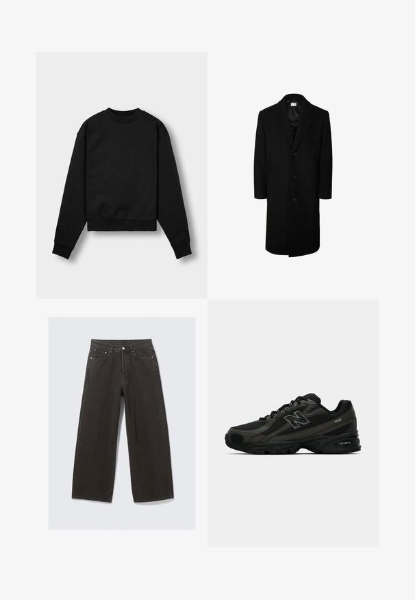 Schwarzer Wollmantel mit klassischem Reverskragen, langen Ärmeln und fünf Knöpfen vorne; glatte Textur und knielanges Design.; Schwarzes, gekürztes Sweatshirt mit langen Ärmeln, rundem Halsausschnitt und ribbelten Bündchen. Verfügt über eine weiche Stofftextur und ein minimalistisches Design.; Schwarze weit geschnittene Jeans aus Denim. Verfügt über einen Standardbund, fünf Taschen und Metallzubehör. Gepunktete Details entlang der Nähte.; Schwarze Sportschuhe mit einer strukturierten synthetischen Oberseite, ausgestattet mit einer gepolsterten Sohle und einem auffälligen "N"-Logo an der Seite. Das Design umfasst leichte Mesh-Bereiche.