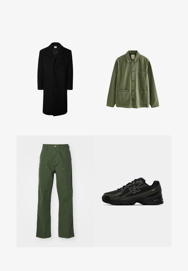 Juodas vilnonis paltas su klasikiniu apykakle, ilgomis rankovėmis ir penkiomis sagomis priekyje; lygus audinys ir iki kelių siekianti forma.; Tamsiai žalia medvilninė striukė su mygtukų uždarymu, smailiu apykaklę ir keturiomis kišenėmis. Pasižymi laisvu siluetu ir švelnia tekstūra.; Balta medvilnė T-marškiniai su trumpomis rankovėmis, apvaliu kaklu ir laisvu kirpimu. Lygus paviršius, be raštų ar akcentų.; Žali medvilniniai kelnių su tiesia kojų siluetu, turintys priekinės ir galinės kišenes, auksinės spalvos detales ir sustiprintas kelio siūles.; Juodi sportiniai bateliai su tekstūruotu sintetiniu viršumi, su paminkštintu padu ir iššokančiu "N" logotipu ant šono. Dizainas apima lengvas tinklines dalis.