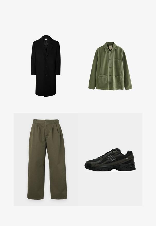 Czarny wełniany płaszcz o klasycznym kołnierzu, długich rękawach i pięcioknopowym zapięciu z przodu; gładka tekstura i długość do kolan.; Oliwkowa kurtka wykonana z bawełny, z guzikiem z przodu, spiczastym kołnierzem i czterema kieszeniami. Ma luźny krój i miękką teksturę.; Biała bawełniana koszulka z krótkimi rękawami, okrągłym dekoltem i luźnym krojem. Gładka faktura, bez wzorów i akcentów.; Zielonooliwkowe bawełniane spodnie, o prostym kroju, z plisami z przodu i z zapięciem na guzik w talii. Brak widocznych kieszeni.; Czarne sportowe buty z teksturowanym syntetycznym wierzchem, z amortyzowaną podeszwą i wyraźnym logo "N" z boku. Wzór zawiera lekkie siatkowe sekcje.