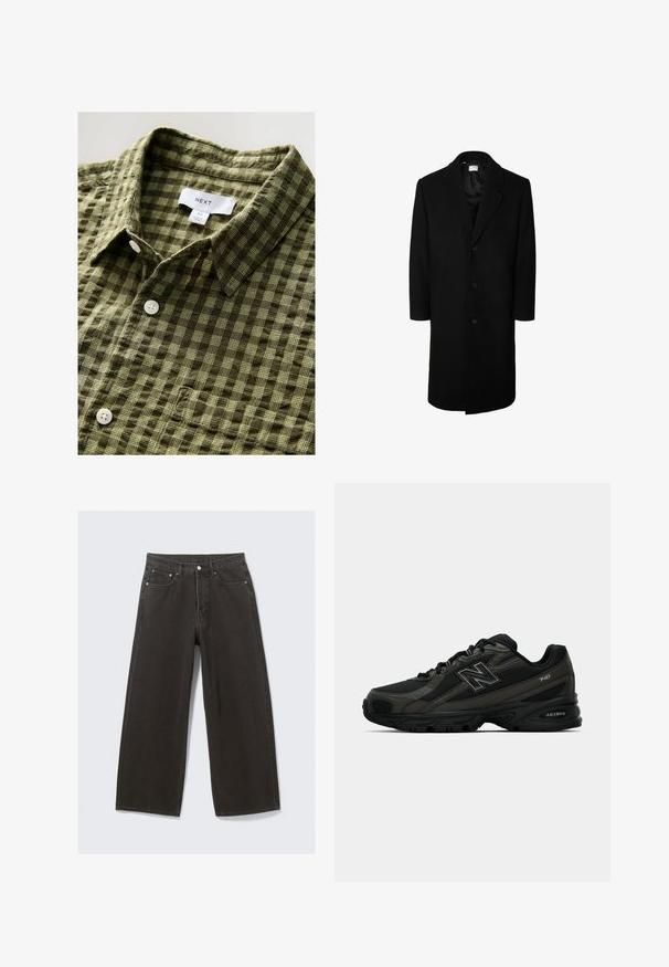 Černý vlněný kabát s klasickým límečkem, dlouhými rukávy a zapínáním na pět knoflíků; hladká textura a délka ke kolenům.; Zelená kostkovaná košile s krátkým rukávem vyrobená z měkké látky, s button-down límcem a bílými knoflíky, připojená s etiketou a velikostní nálepkou.; Bílý bavlněný tričko s krátkým rukávem, kulatým výstřihem a volným střihem. Hladká textura, žádné vzory ani akcenty.; Džíny s širokými nohavicemi černé barvy mají vysoký pas, design s pěti kapsami a zapínání na knoflíky. Tkanina má jemný a strukturovaný povrch.; Černé sportovní boty se strukturovaným syntetickým svrškem, které mají polstrovanou podrážku a výrazné logo "N" na boku. Design zahrnuje lehké síťované sekce.