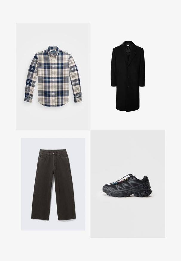 Juodas vilnonis paltas su klasikiniu apykakle, ilgomis rankovėmis ir penkiomis sagomis priekyje; lygus audinys ir iki kelių siekianti forma.; Plaid marškiniai tamsiai mėlynos, grietinėlės ir pilkos spalvų; ilgomis rankovėmis, su sagomis prie apykaklės ir kreipiamu hemu; turi krūtinės kišenių ir subtilios žymės.; Plati juodos džinsinio audinio kelnės turi aukštą liemenį, penkių kišenių dizainą ir užsegimą su sagomis. Audinys yra minkštas, tekstūruotas.; Juodi sportiniai batai su tekstūruota tinklelio viršūne, sustiprinta pirštų dalimi ir greito raištelio sistema. Yra tvirtas padas ir šiek tiek pakelta kulno dalis.