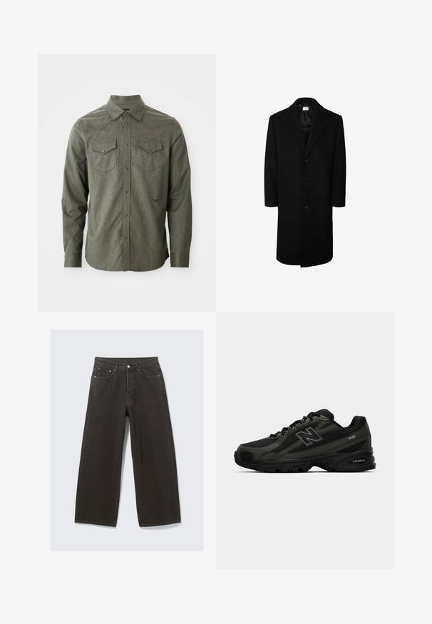 Mustan villapäällystakin klassinen kauluskollari, pitkät hihat ja viiden napin etuosa; sileä rakenne ja polvimittainen muotoilu.; Vihreä, pitkätähtinen nappipaita, joka on valmistettu tekstuurista kankaasta. Sisältää kaksi rintataskua ja terävän kauluksen lännen tyylisellä selkäyksityiskohdalla.; Valkoinen puuvillainen T-paita lyhyillä hihoilla, pyöreällä pääntiellä ja rentoa istuvuutta. Suuri sileä pinta, ei kuvioita tai koristeita.; Mustat leveälahkeiset farkut, joissa on korkea vyötärö, viisi taskua ja napitus. Kankaan pinta on pehmeä ja teksturoidun tuntuinen.; Mustat urheilukengät, joissa on teksturoitu synteettinen päällinen, pehmustettu pohja ja näkyvä "N"-logo sivussa. Suunnittelussa on kevyitä verkkokohteita.