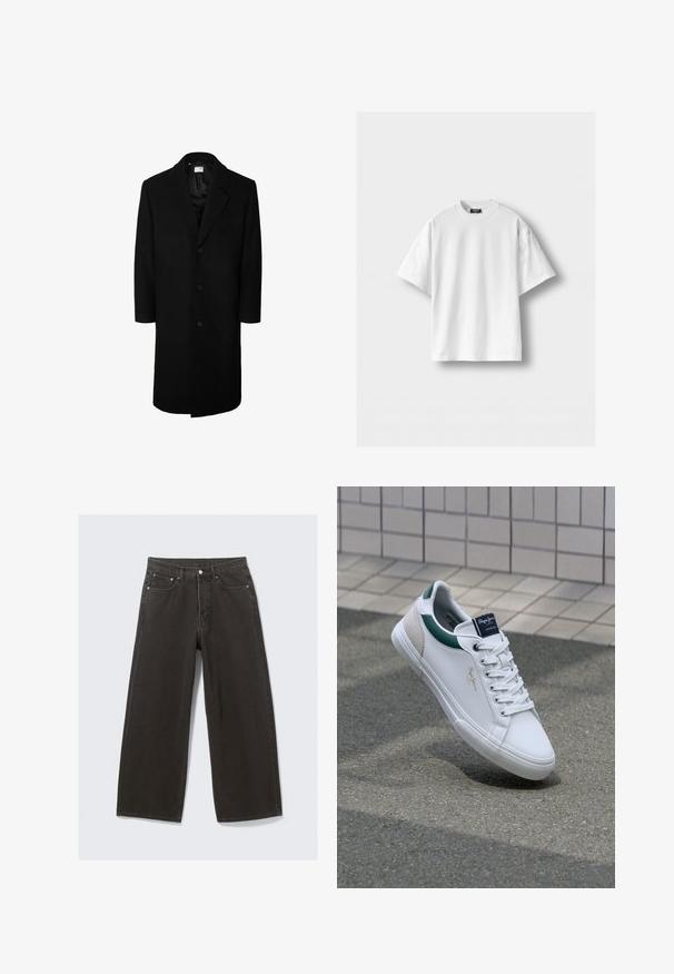 Abrigo de lana negro con un clásico cuello con solapas, mangas largas y cierre frontal de cinco botones; textura suave y diseño hasta la rodilla.; Camiseta de algodón blanca con mangas cortas, cuello redondo y un corte relajado. Textura suave, sin patrones ni acentos.; Chaqueta verde oliva de algodón con cierre de botones, cuello de punta y cuatro bolsillos. Presenta un corte relajado y una textura suave.; Los vaqueros de mezclilla negros de pierna ancha cuentan con una cintura alta, diseño de cinco bolsillos y un cierre de botones. La tela tiene un acabado suave y texturizado.; Zapatillas de piel blanca con acentos en verde y beige, que presentan una suela texturizada, punta redonda y diseño tradicional de cordones.