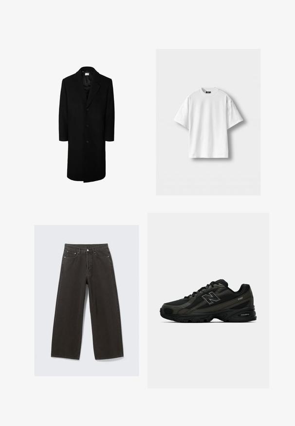 Abrigo de lana negro con un clásico cuello con solapas, mangas largas y cierre frontal de cinco botones; textura suave y diseño hasta la rodilla.; Camiseta de algodón blanca con mangas cortas, cuello redondo y un corte relajado. Textura suave, sin patrones ni acentos.; Chaqueta verde oliva de algodón con cierre de botones, cuello de punta y cuatro bolsillos. Presenta un corte relajado y una textura suave.; Los vaqueros de mezclilla negros de pierna ancha cuentan con una cintura alta, diseño de cinco bolsillos y un cierre de botones. La tela tiene un acabado suave y texturizado.; Zapatillas deportivas negras con un upper sintético texturizado, que cuentan con una suela acolchada y un prominente logo "N" en el lateral. El diseño incluye secciones de malla ligera.