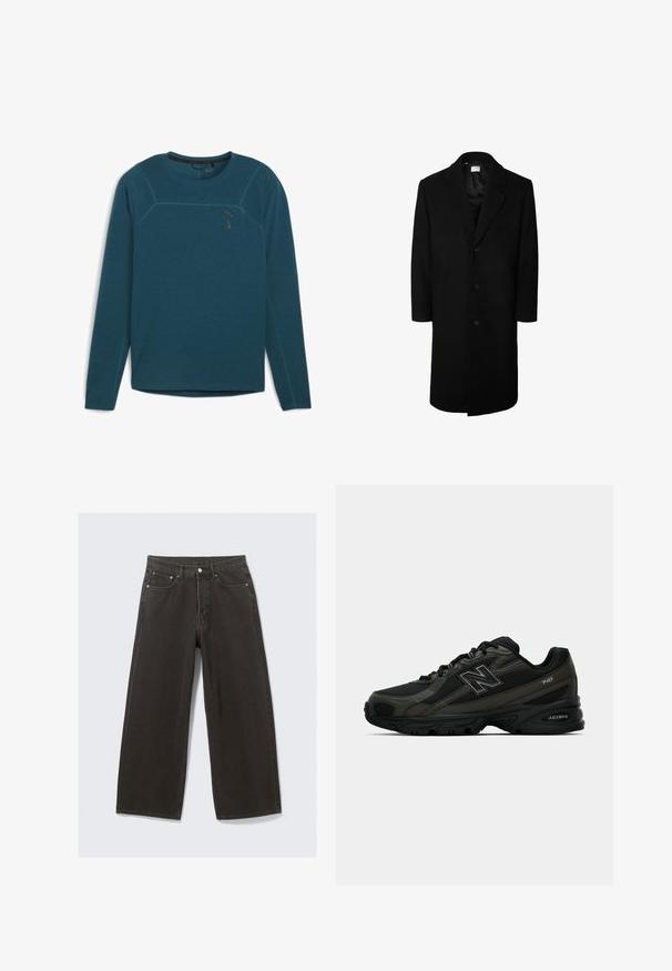 Must must ülekaen, klassikalise kraega, pikad varrukad ja viie nupuga esikinnitus; sile tekstuur ja põlvepikkune disain.; Pehmeast kangast teal värvi pikkade varrukatega särk, mis on varustatud kontrastsete õmblustega, ümmarguse kaelusega ja väikese logoga vasakul rinnal.; Laiad mustad teksad omavad kõrge vöökoha, viit taskut ja nööbiga sulgemist. Kangas on pehme ja tekstuuriga viimistlusega.; Mustad mustreda spordijalatsid tekstuurse sünteetilise pealmise osaga, millel on pehme tallaga ja silmatorkav "N" logo küljel. Disain sisaldab kergeid võrkkosid.