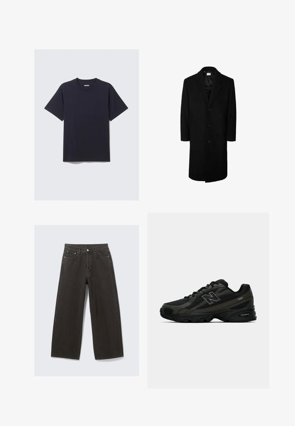 Juodas vilnonis paltas su klasikiniu apykakle, ilgomis rankovėmis ir penkiomis sagomis priekyje; lygus audinys ir iki kelių siekianti forma.; Juodas medvilnės marškinėliai su apykakle, trumpomis rankovėmis ir laisvu kirpimu. Pasižymi paprastu dizainu be raštų ar matomos metalinės detalės.; Tamsiai žalia medvilninė striukė su mygtukų uždarymu, smailiu apykaklę ir keturiomis kišenėmis. Pasižymi laisvu siluetu ir švelnia tekstūra.; Plati juodos džinsinio audinio kelnės turi aukštą liemenį, penkių kišenių dizainą ir užsegimą su sagomis. Audinys yra minkštas, tekstūruotas.; Juodi sportiniai bateliai su tekstūruotu sintetiniu viršumi, su paminkštintu padu ir iššokančiu "N" logotipu ant šono. Dizainas apima lengvas tinklines dalis.