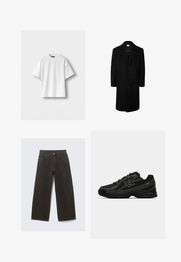 Černý vlněný kabát s klasickým límečkem, dlouhými rukávy a zapínáním na pět knoflíků; hladká textura a délka ke kolenům.; Bílý bavlněný tričko s krátkým rukávem, kulatým výstřihem a volným střihem. Hladká textura, žádné vzory ani akcenty.; Olivově zelená bunda vyrobená z bavlny s knoflíkovým zapínáním, špičatým límcem a čtyřmi kapsami. Má volný střih a měkkou texturu.; Džíny s širokými nohavicemi černé barvy mají vysoký pas, design s pěti kapsami a zapínání na knoflíky. Tkanina má jemný a strukturovaný povrch.; Černé sportovní boty se strukturovaným syntetickým svrškem, které mají polstrovanou podrážku a výrazné logo "N" na boku. Design zahrnuje lehké síťované sekce.
