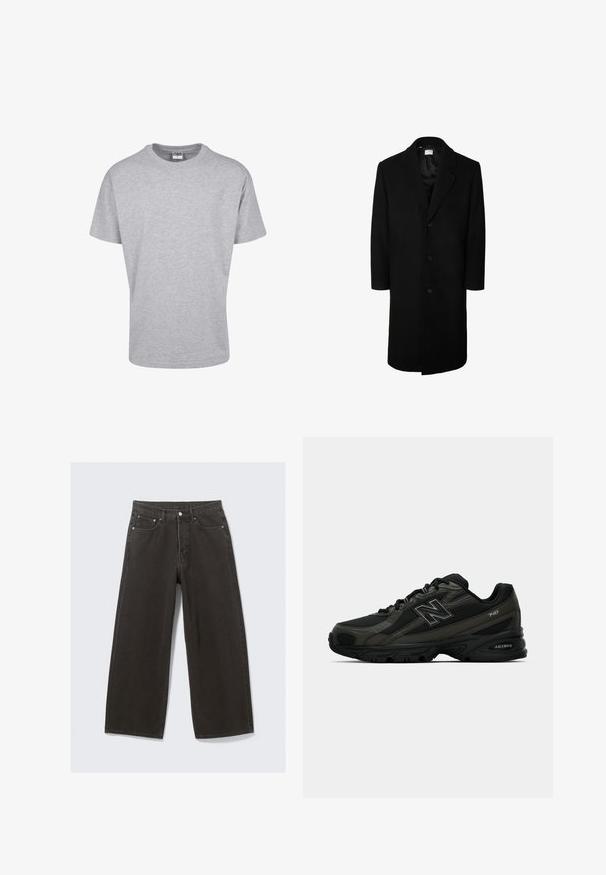 Must must ülekaen, klassikalise kraega, pikad varrukad ja viie nupuga esikinnitus; sile tekstuur ja põlvepikkune disain.; Hallise lühikeste varrukatega t-särk, mis on valmistatud puuvilla segakangast. Omab ümmargust kaelust ja mugavat lõiget, ilma mustrite või kaunistusteta.; Õlivarju roheline puuvillane jakk, millel on nupuga ees, terav krae ja neli taskut. Omab vabalt istuvat lõiget ja pehmet tekstuuri.; Laiad mustad teksad omavad kõrge vöökoha, viit taskut ja nööbiga sulgemist. Kangas on pehme ja tekstuuriga viimistlusega.; Mustad mustreda spordijalatsid tekstuurse sünteetilise pealmise osaga, millel on pehme tallaga ja silmatorkav "N" logo küljel. Disain sisaldab kergeid võrkkosid.