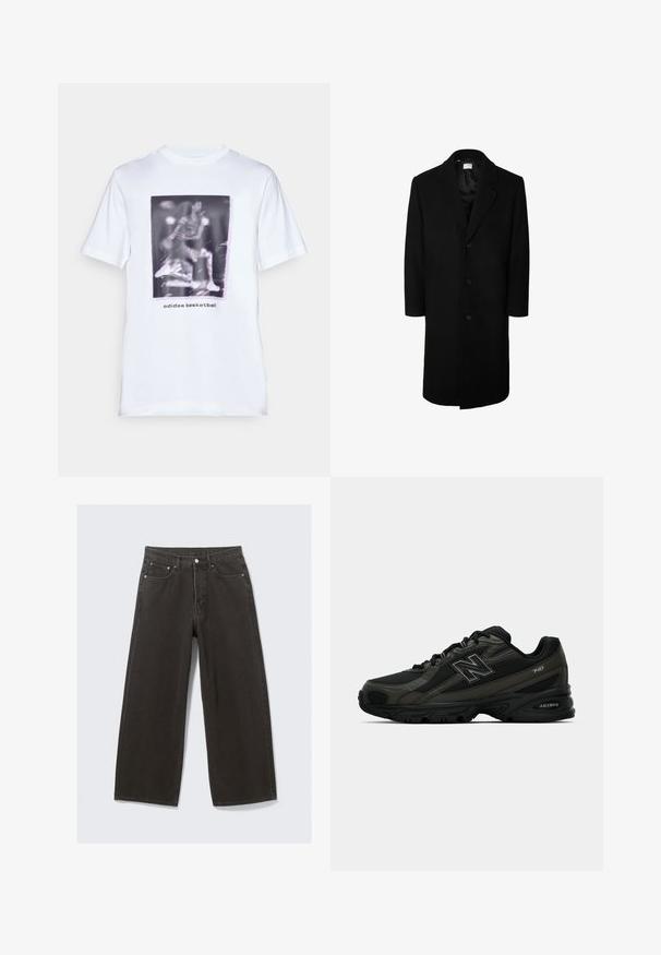 Schwarzer Wollmantel mit klassischem Reverskragen, langen Ärmeln und fünf Knöpfen vorne; glatte Textur und knielanges Design.; Weißes Baumwoll-T-Shirt mit einem Grafikdruck eines Basketballspielers und dem Text "adidas basketball" unter dem Bild. Kurze Ärmel und runder Halsausschnitt.; Olivegrüne Jacke aus Baumwolle mit Knopfleiste, spitzem Kragen und vier Taschen. Hat eine entspannte Passform und weiche Textur.; Hochwaisted, weit geschnittene schwarze Denim-Jeans verfügen über ein Fünf-Taschen-Design und einen Knopfverschluss. Der Stoff hat eine weiche, strukturierte Oberfläche.; Schwarze Sportschuhe mit einer strukturierten synthetischen Oberseite, ausgestattet mit einer gepolsterten Sohle und einem auffälligen "N"-Logo an der Seite. Das Design umfasst leichte Mesh-Bereiche.