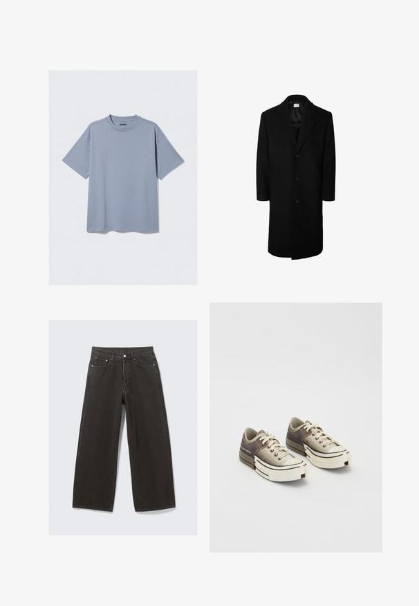 Melnas vilnas virsjakas ar klasisku atloku, garām piedurknēm un piecu pogu priekšējo aizdari; gluda tekstūra un līdz ceļiem garš dizains.; Gaiši zila īsveida krekla ar gludu kokvilnu, apaļu kakla izgriezumu un brīvu piegriezumu; satur minimālas šuvju detaļas.; Plati melni džinsi ar augstu jostas daļu, piecu kabatu dizainu un pogu aizdari. Audums ir mīksts un ar teksturētu apdari.; Zemāko tenisu apavi, izgatavoti no teksturētiem pelēkiem un bežiem materiāliem, ar baltām gumijas zālēm, auklām un zīmola akcentiem sānos.