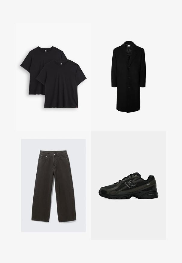 Melnas vilnas virsjakas ar klasisku atloku, garām piedurknēm un piecu pogu priekšējo aizdari; gluda tekstūra un līdz ceļiem garš dizains.; Divas divas melnas kokvilnas t-krekli ar īsām piedurknēm, apaļām kakla izgriezumiem un brīvu piegriezumu. Katram ir neliela auduma birka apakšmalā.; Olive zaļa jaku no kokvilnas ar pogu priekšpusi, uzsistām apkaklēm un četriem kabatām. Iespējo relaksētu piegriezumu un mīkstu tekstūru.; Plati melni džinsi ar augstu jostas daļu, piecu kabatu dizainu un pogu aizdari. Audums ir mīksts un ar teksturētu apdari.; Melnas sporta kurpes ar teksturētu sintētisko virsu, ar mīkstinātu zoli un izteiktu "N" logotipu sānos. Dizains ietver vieglo sieta sekcijas.