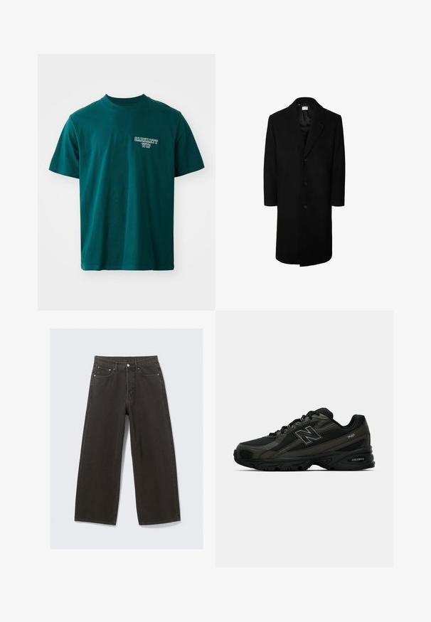 Must must ülekaen, klassikalise kraega, pikad varrukad ja viie nupuga esikinnitus; sile tekstuur ja põlvepikkune disain.; Türkis puuvillane T-särk, millel on lühikesed varrukad ja ümmargune kaelus. Vasakul rinnal on valge "Carhartt WIP" logo. Lihtne disain, sirge lõige.; Õlivarju roheline puuvillane jakk, millel on nupuga ees, terav krae ja neli taskut. Omab vabalt istuvat lõiget ja pehmet tekstuuri.; Laiad mustad teksad omavad kõrge vöökoha, viit taskut ja nööbiga sulgemist. Kangas on pehme ja tekstuuriga viimistlusega.; Mustad mustreda spordijalatsid tekstuurse sünteetilise pealmise osaga, millel on pehme tallaga ja silmatorkav "N" logo küljel. Disain sisaldab kergeid võrkkosid.