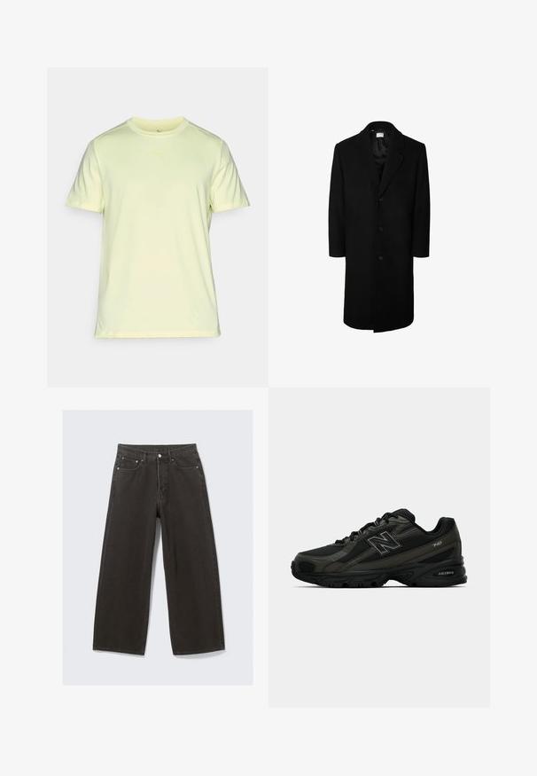 Mustan villapäällystakin klassinen kauluskollari, pitkät hihat ja viiden napin etuosa; sileä rakenne ja polvimittainen muotoilu.; Vaaleankeltainen urheilupaita, joka on valmistettu pehmeästä ja kevyestä kankaasta. Paita on varustettu pyöreällä kauluksella ja lyhyillä hihoilla, ja rinnassa on hillitty logo.; Mustat leveälahkeiset farkut, joissa on korkea vyötärö, viisi taskua ja napitus. Kankaan pinta on pehmeä ja teksturoidun tuntuinen.; Mustat urheilukengät, joissa on teksturoitu synteettinen päällinen, pehmustettu pohja ja näkyvä "N"-logo sivussa. Suunnittelussa on kevyitä verkkokohteita.