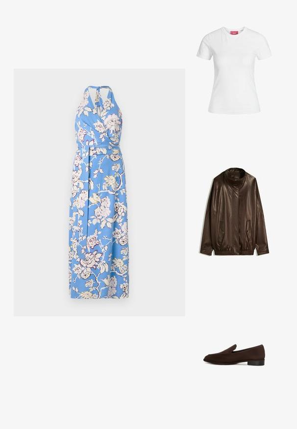 Jachetă din piele maro cu guler înalt, buzunare laterale și tiv elastic. Textură netedă cu un finisaj ușor lucios.; Rochie înflorată bleu, cu gât halter, cordon în talie și un design lung și fluid, decorată cu trandafiri mari în nuanțe de roz și crem pe un material neted.; Tricou alb din bumbac, cu mâneci scurte și decolteu rotund. Prezintă o etichetă roz pe gulerul interior. Textură netedă.; Pantof de culoare maro, cu textură netedă, formă alungită, toc mic și design minimalist. Fără modele sau embellismente vizibile.