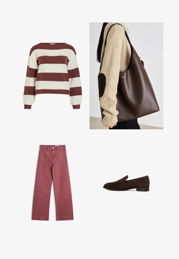 Jachetă din piele maro cu guler înalt, buzunare laterale și tiv elastic. Textură netedă cu un finisaj ușor lucios.; Pulover rayat în burgund și crem, realizat dintr-un tricot moale, texturat. Are un decolteu larg și mâneci tip balon cu manșete ribbate.; Tricou alb din bumbac, cu mâneci scurte și decolteu rotund. Prezintă o etichetă roz pe gulerul interior. Textură netedă.; Pantaloni cu picioare largi într-o nuanță de roz pal. Fabricat dintr-un material rezistent, având două buzunare la spate, închidere cu nasture și curea.; Pantof de culoare maro, cu textură netedă, formă alungită, toc mic și design minimalist. Fără modele sau embellismente vizibile.; Geantă tote din piele maro cu un design spațios. Prezintă o textură netedă și un logo auriu subtil. Asortată cu un pulover tricotat crem.