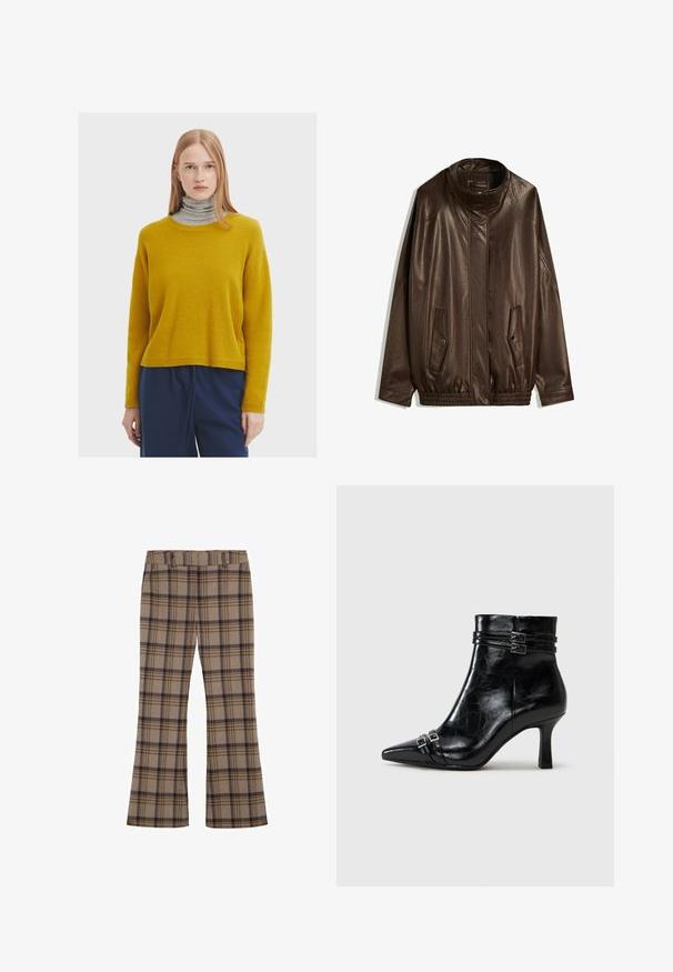 Braune Lederjacke mit hohem Kragen, seitlichen Taschen und elastischem Saum. Glatte Textur mit leicht glänzendem Finish.; Senfgelbes Strickpullover mit rundem Ausschnitt, langen Ärmeln und lockerer Passform, kombiniert mit einem grauen Rollkragenpullover darunter.; Karierte Hose aus Stoff, mit einem hellbraunen Grundton und dunkelblaubraunen Karos, ausgestellte Beine und einem elastischen Bund.; Tamaris Keilstiefelette - black