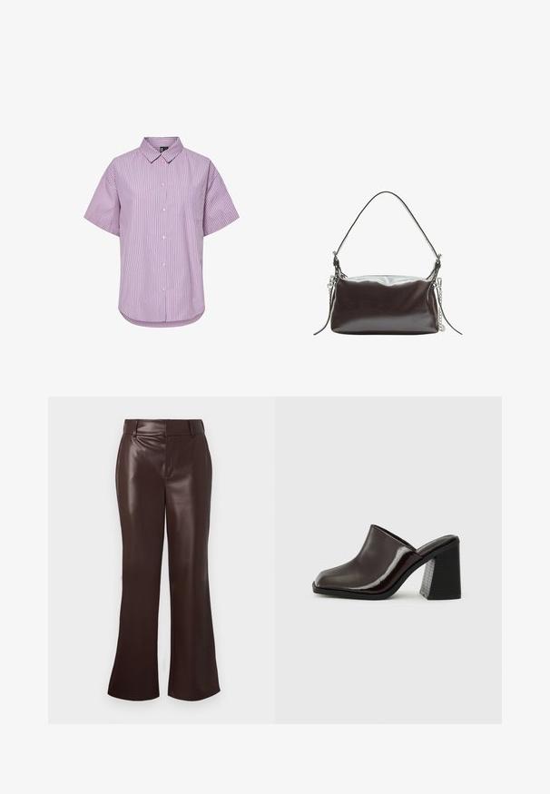 Brązowa skórzana kurtka z wysokim kołnierzem, kieszeniami bocznymi i elastycznym dołem. Gładka tekstura z lekko błyszczącym wykończeniem.; Koszula krótki rękaw, z kołnierzykiem w jasnym fioletowym kolorze z pionowymi paskami w ciemniejszym fioletowym, z zapięciem na guziki i jedną kieszenią na piersi.; Brązowe spodnie z ekologicznej skóry, o rozszerzanym kroju z gładką teksturą, z paskiem w talii i zamkiem błyskawicznym. Czyste linie i smukła sylwetka.; Ciemnobordowe skórzane mule z kwadratowym noskiem, błyszczącym wykończeniem oraz masywnym, teksturowanym czarnym obcasem. Prosty design, wsuwany fason.; Brązowa torebka z lakierowanej skóry o prostokątnym kształcie, z pojedynczym uchwytem i srebrnym łańcuszkiem po jednej stronie.