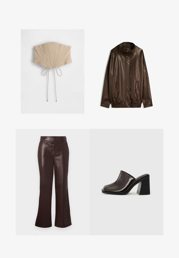 Hnědá kožená bunda s vysokým límcem, bočními kapsami a pružným lemem. Hladký povrch s mírně lesklým finišem.; Béžový korzetový top s vertikálními sklady, s úzkým pasem a nastavitelnými šňůrkami vzadu s kovovými špičkami. Hladká textilie.; Hnědé kalhoty z umělé kůže s rozšířenými nohavicemi a hladkým povrchem, vystouplým pasem a zipem. Čisté linie a elegantní silueta.; Tmavě bordó kožené muly se čtveratým špičkou, lesklým povrchem a robustním, texturovaným černým vysokým podpatkem. Jednoduchý design, nazouvací styl.