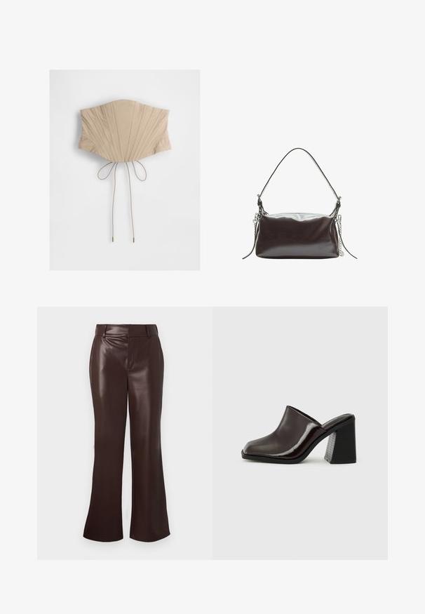 Hnedá kožená bunda s vysokým golierom, bočnými vreckami a elastickým lemom. Hladká textura s mierne lesklým povrchom.; Béžový korzetový top s vertikálnymi plisovaním, s úzkym pásom a nastaviteľnými šnúrkami na zadnej strane s kovovými koncami. Hladká textúra látky.; Hnedé nohavice s flared strihom z faux kože s hladkou textúrou, so širokým pásom a zipsom. Čisté línie a elegantná silueta.; Tmavočervené kožené mule s hranatou špičkou, lesklým povrchom a masívnym, textúrovaným čiernym vysokým opätkom. Jednoduchý dizajn, štýl na obúvanie.; Hnedá lakovaná kožená kabelka so štruktúrovaným obdĺžnikovým tvarom, s jedným uchom a strieborným reťazovým akcentom na jednej strane.