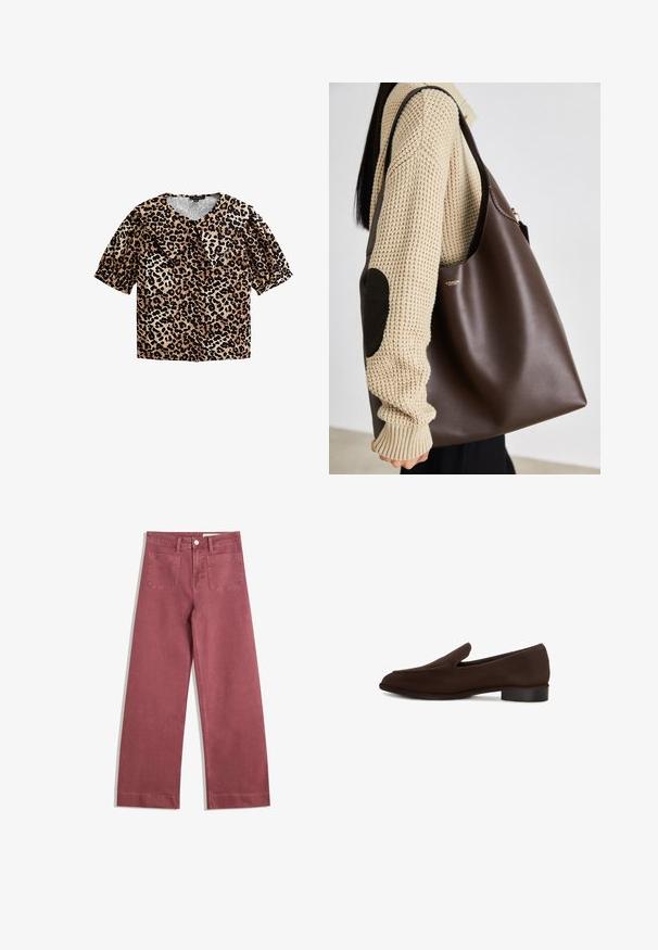 Brązowa skórzana kurtka z wysokim kołnierzem, kieszeniami bocznymi i elastycznym dołem. Gładka tekstura z lekko błyszczącym wykończeniem.; Bluzka w panterkę z krótkimi bufkami, dekoltem w kształcie litery V i dużym kołnierzem. Charakteryzuje się beżowo-czarną kolorystyką; wykonana z lekkiego materiału.; Biała bawełniana koszulka z krótkimi rękawami i okrągłym dekoltem. Posiada różową metkę na wewnętrznej stronie dekoltu. Gładka tekstura.; Spodnie typu wide-leg w stonowanym odcieniu różu. Wykonane z wytrzymałego materiału, z dwiema tylnymi kieszeniami, zapięciem na guzik i szlufkami na pasek.; Brązowy but wsuwany o gładkiej fakturze, wydłużonym kształcie, niskim słupkowym obcasie i minimalistycznym designie. Bez widocznych wzorów czy ozdób.; Brązowa skórzana torba typu tote o pojemnym designie. Charakteryzuje się gładką fakturą i subtelnym złotym logo. Połączona z kremowym swetrem z dzianiny.