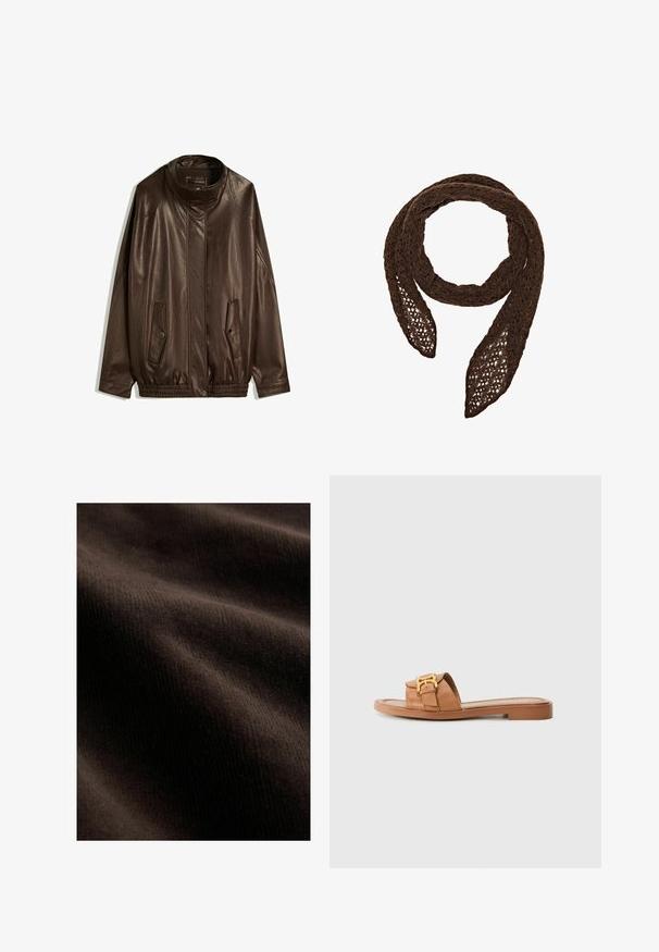 Brun læderjakke med høj krave, sidelommer og elastisk afslutning. Glat tekstur med en let glinsende overflade.; Hvid bomulds tanktop med en rundet halsudskæring, uden ærmer og en tætsiddende pasform. Glat tekstur, ensartet design og minimale syninger.; Mørkebrunt stof med en glat tekstur, prydet med subtile ribber og bølger, der skaber dybde og dimension i materialet.; Brune lædersandaler med bred rem, guld hardware accent, flad sål og minimalistisk design. Velegnet til hverdag.; Massimo Dutti Sjal / Tørklæder - brown