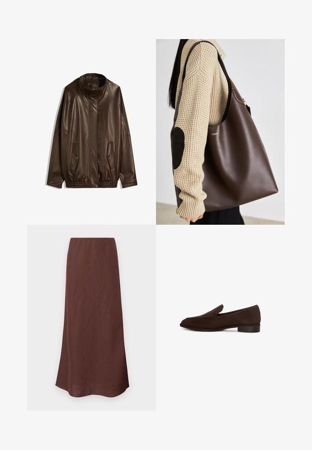 Brun læderjakke med høj krave, sidelommer og elastisk afslutning. Glat tekstur med en let glinsende overflade.; Hvid bomulds t-shirt med korte ærmer og rund halsudskæring. Har et pink mærke på den indvendige hals. Glat tekstur.; Brun, lang nederdel lavet af letvægtsstof. Har et simpelt design med en lige skæring og en glat tekstur. Kantene er let buede.; Brun slip-on sko med en glat tekstur, forlænget form, lav blokhæl og minimalistisk design. Ingen synlige mønstre eller udsmykninger.; Brun læder tote taske med et rummeligt design. Har en glat tekstur og et diskret guldlogo. Parret med en cremefarvet strikket trøje.