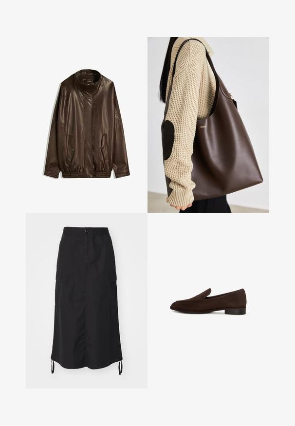 Hnědá kožená bunda s vysokým límcem, bočními kapsami a pružným lemem. Hladký povrch s mírně lesklým finišem.; Bílý bavlněný tričko s krátkým rukávem a kulatým výstřihem. Obsahuje růžovou etiketu na vnitřní straně límce. Hladká textura.; Černá mid-length sukně vyrobená z lehkého materiálu. Má elastický pas, zapínání na knoflík a boční kapsy s akcenty na šňůrku.; Hnědá nazouvací bota s hladkým povrchem, protáhlým tvarem, nízkým blokovým podpatkem a minimalistickým designem. Žádné viditelné vzory nebo ozdoby.; Hnědá kožená taška přes rameno s prostorným designem. Disponuje hladkou texturou a decentním zlatým logem. V kombinaci s krémovým pleteným svetrem.