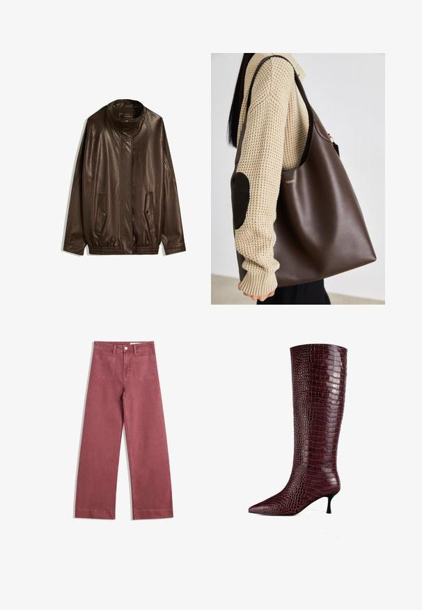 Rjava usnjena jakna z visoko ovratnico, stranskimi žepi in elastiziranim robom. Gladka tekstura z rahlo sijočim zaključkom.; Bela bombažna majica s kratkimi rokavi in okroglim izrezom. Ima roza oznako na notranji strani ovratnika. Gladka struktura.; Široki hlače v zatišano rožnati barvi. Narejene iz trdnega blaga, opremljene z dvema zadnjima žepoma, gumbom za zapiranje in zanke za pas.; Burgundske visoke škornje s koničastim prstom, izdelane iz teksturirane umetne krokodilske kože, z nizko stiletto peto in gladko obdelavo.; Rjava usnjena torba z prostornim dizajnom. Ima gladko teksturo in subtilen zlat logo. Ujemana z smetanovo pleteno puloverjem.