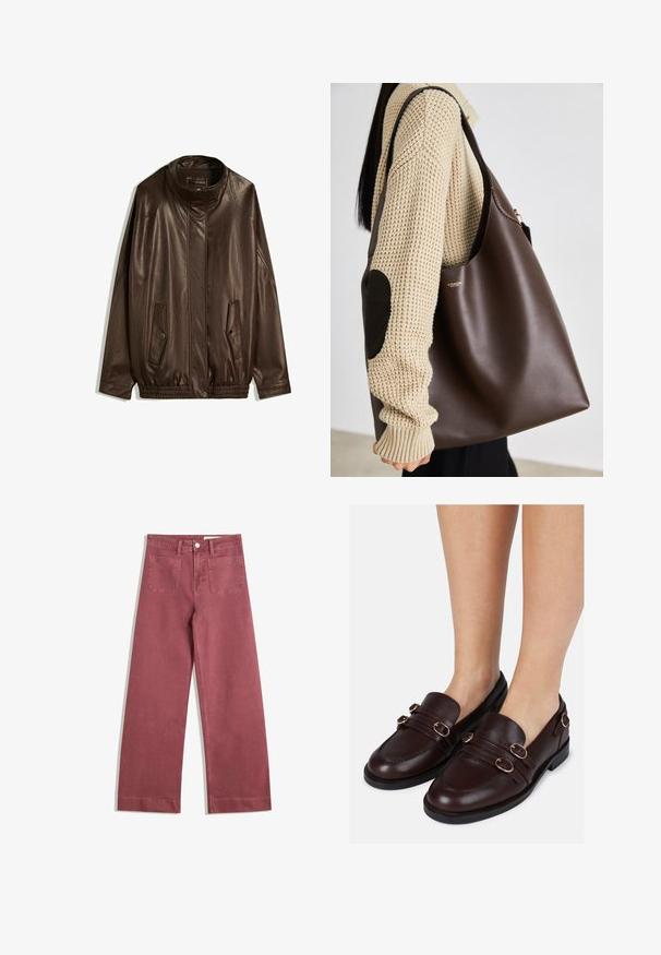 Giacca in pelle marrone con colletto alto, tasche laterali e bordo elasticizzato. Texture liscia con una finitura leggermente lucida.; T-shirt bianco in cotone con maniche corte e collo rotondo. Presenta un'etichetta rosa all'interno del collo. Texture liscia.; Pantaloni a gamba larga in un colore rosa tenue. Realizzati in un tessuto resistente, presentano due tasche posteriori, chiusura con bottone e passanti per la cintura.; Mocassini in pelle marrone con punta arrotondata, doppie fasce sulla tomaia e dettagli decorativi in metallo dorato sui lati.; Borsa tote in pelle marrone con un design spazioso. Presenta una texture liscia e un logo dorato discreto. Abbinata a un maglione lavorato a maglia color crema.