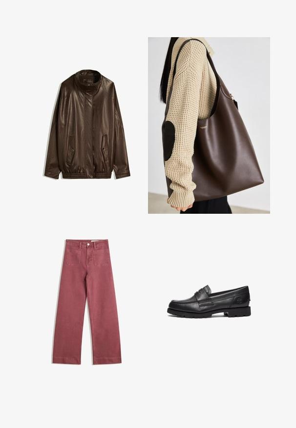 Ruskea nahkatakki, jossa on korkea kaulus, sivutaskut ja elasticisoitu helma. Sileä rakenne, jossa on hieman kiiltävä pinta.; Valkoinen puuvillapaita, jossa on lyhyet hihat ja pyöreä pääntie. Sisäkauluksessa on vaaleanpunainen etiketti. Sujuva kangas.; Vaatteet, joissa on leveät lahkeet ja hillitty ruusukuosi. Valmistettu kestävästä kankaasta, johon kuuluu kaksi takataskua, nappisulku ja vyölenkit.; Timberland Loaferit/pistokkaat - black; Ruskea nahkainen kassi, jossa on tilava muotoilu. Ominaisuuksina sileä pinta ja hienovarainen kultainen logo. Yhdistetty kermaiseen neulepuseroon.