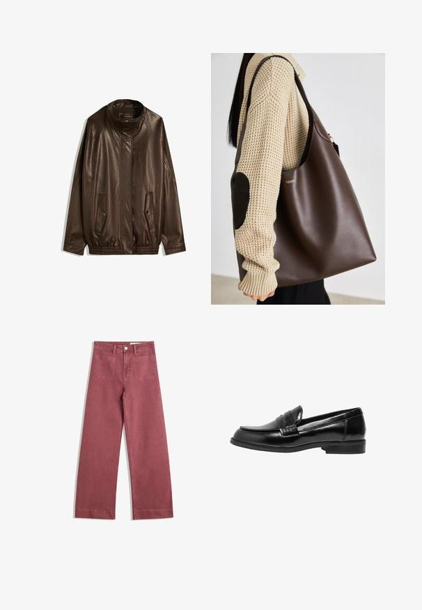 Giacca in pelle marrone con colletto alto, tasche laterali e bordo elasticizzato. Texture liscia con una finitura leggermente lucida.; T-shirt bianco in cotone con maniche corte e collo rotondo. Presenta un'etichetta rosa all'interno del collo. Texture liscia.; Pantaloni a gamba larga in un colore rosa tenue. Realizzati in un tessuto resistente, presentano due tasche posteriori, chiusura con bottone e passanti per la cintura.; Mocassino in pelle nera con finitura liscia, punta tonda e cuciture decorative sulla parte anteriore. Suola piatta in gomma, design classico.; Borsa tote in pelle marrone con un design spazioso. Presenta una texture liscia e un logo dorato discreto. Abbinata a un maglione lavorato a maglia color crema.