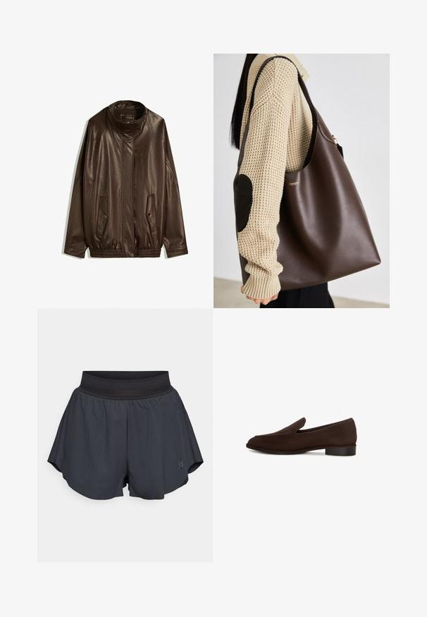 Jachetă din piele maro cu guler înalt, buzunare laterale și tiv elastic. Textură netedă cu un finisaj ușor lucios.; Tricou alb din bumbac, cu mâneci scurte și decolteu rotund. Prezintă o etichetă roz pe gulerul interior. Textură netedă.; Pantaloni scurți sport negri, cu un brâu elastic moale, croială lejeră, plisuri ușoare pe laterale și un mic logo în partea frontală de jos.; Pantof de culoare maro, cu textură netedă, formă alungită, toc mic și design minimalist. Fără modele sau embellismente vizibile.; Geantă tote din piele maro cu un design spațios. Prezintă o textură netedă și un logo auriu subtil. Asortată cu un pulover tricotat crem.