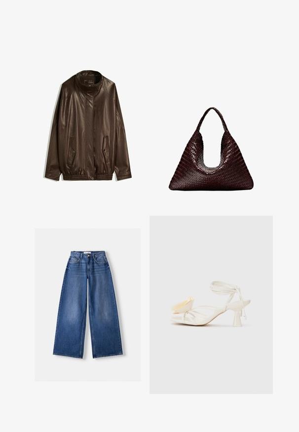 Hnědá kožená bunda s vysokým límcem, bočními kapsami a pružným lemem. Hladký povrch s mírně lesklým finišem.; Bílá bavlněná trička s krátkým rukávem, klasickým výstřihem a volným střihem. Hladká textura a jednoduchý design, bez vzorů nebo akcentů.; Bershka WIDE-LEG - Wide leg - dark blue; Bílé sandály na vysokém podpatku s odkrytými prsty a špičatou špičkou. Obsahují dekorativní žlutý okvětní plátek a štíhlý design kotníkového pásku.; Tkaná kabelka v tmavě hnědé barvě, se trojúhelníkovým tvarem a jedním širokým uchem. Hladká textura s rovnoměrným pleteným vzorem.