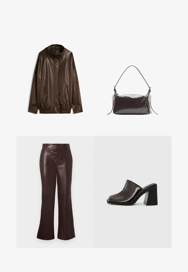 Hnedá kožená bunda s vysokým golierom, bočnými vreckami a elastickým lemom. Hladká textura s mierne lesklým povrchom.; Biely športový tielko s priliehavým strihom, s výrezmi po stranách a čiernym vyšívaným logom. Vyrobené z elastickej a hladkej tkaniny.; Hnedé nohavice s flared strihom z faux kože s hladkou textúrou, so širokým pásom a zipsom. Čisté línie a elegantná silueta.; Tmavočervené kožené mule s hranatou špičkou, lesklým povrchom a masívnym, textúrovaným čiernym vysokým opätkom. Jednoduchý dizajn, štýl na obúvanie.; Hnedá lakovaná kožená kabelka so štruktúrovaným obdĺžnikovým tvarom, s jedným uchom a strieborným reťazovým akcentom na jednej strane.