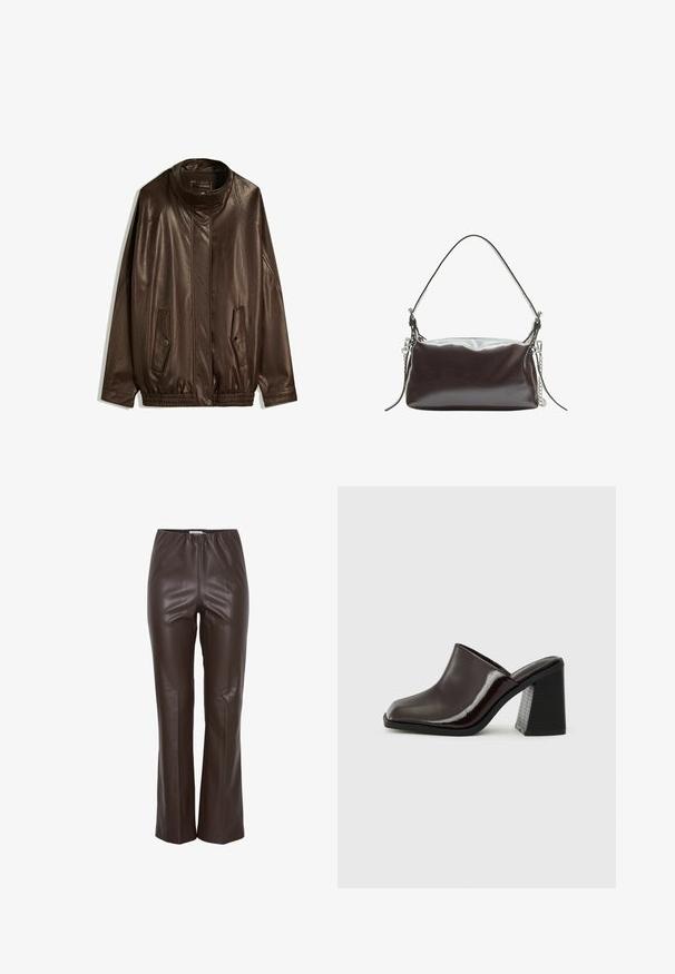 Hnedá kožená bunda s vysokým golierom, bočnými vreckami a elastickým lemom. Hladká textura s mierne lesklým povrchom.; Biely športový tielko s priliehavým strihom, s výrezmi po stranách a čiernym vyšívaným logom. Vyrobené z elastickej a hladkej tkaniny.; Hnedé nohavice z umelej kože s hladkým povrchom, elastickým pásom a priliehavým strihom, ktorý sa mierne rozširuje pri členkoch.; Tmavočervené kožené mule s hranatou špičkou, lesklým povrchom a masívnym, textúrovaným čiernym vysokým opätkom. Jednoduchý dizajn, štýl na obúvanie.; Hnedá lakovaná kožená kabelka so štruktúrovaným obdĺžnikovým tvarom, s jedným uchom a strieborným reťazovým akcentom na jednej strane.