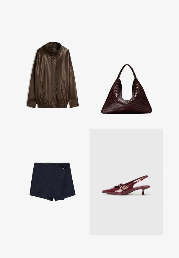Brun læderjakke med høj krave, sidelommer og elastisk afslutning. Glat tekstur med en let glinsende overflade.; Brun langærmet polo-skjorte med horisontale hvide striber, en kontrast-hvid krave og en tre-knap lukning. Blød stofstruktur.; Mørke denim shorts med en omslagsdesign og en knap foran. Har en ren kant og en glat tekstur.; Burgunderfarvet patenteret lædersko med åben hæl og spids tå, to flade stropper med guldspænder og en lille hæl.; Vævet taske i mørkebrunt, der har en triangelform og et enkelt bredt håndtag. Glat tekstur med et ensartet flettet mønster.