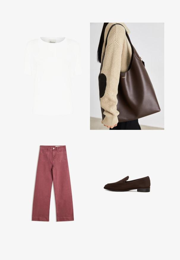 Brown leather jacket with a high collar, side pockets, and elasticized hem. Smooth texture with a slightly shiny finish.; White short-sleeve t-shirt made of soft cotton, featuring a round neckline and a relaxed fit, with no visible patterns or accents.; Wide-leg trousers in a muted rose color. Made from sturdy fabric, featuring two back pockets, button closure, and belt loops.; Brown slip-on shoe with a smooth texture, elongated shape, low block heel, and minimalistic design. No visible patterns or embellishments.; Brown leather tote bag with a spacious design. Features a smooth texture and a subtle gold logo. Paired with a cream knit sweater.