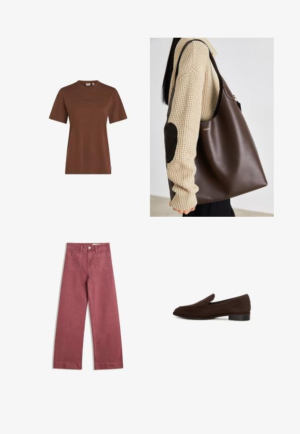 Giacca in pelle marrone con colletto alto, tasche laterali e bordo elasticizzato. Texture liscia con una finitura leggermente lucida.; T-shirt in cotone marrone con maniche corte, scollo rotondo e logo O'Neill ricamato sul petto. Texture liscia, taglio casual.; Pantaloni a gamba larga in un colore rosa tenue. Realizzati in un tessuto resistente, presentano due tasche posteriori, chiusura con bottone e passanti per la cintura.; Scarpa marrone slip-on con una texture liscia, forma allungata, tacco basso a blocco e design minimalista. Nessun motivo o decorazione visibile.; Borsa tote in pelle marrone con un design spazioso. Presenta una texture liscia e un logo dorato discreto. Abbinata a un maglione lavorato a maglia color crema.