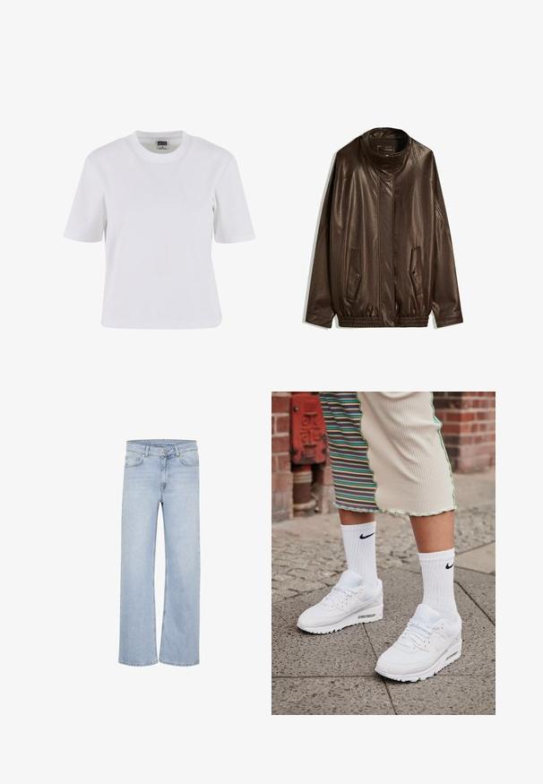 Brun läderjacka med hög krage, sidofickor och elastisk nederkant. Slät textur med en något glansig finish.; Vit kortärmad t-shirt i bomull med rund halsringning, avslappnad passform och en slät textur med minimala sömmar.; Ljusblå vida jeans i denim. Har bältesöglor, femfickorsdesign och stickade detaljer längs sömmarna.; Vita Nike Air Max 90-sneakers med ovandel i mesh och läder, utrustade med en synlig luftkammare, tillsammans med vita ribbade strumpor med svart logotyp.
