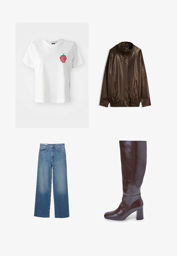 Smeđa kožna jakna s visokim ovratnikom, bočnim džepovima i elastičnim rubom. Glatka tekstura s blago sjajnom završnom obradom.; Bijela pamučna majica kratkih rukava s okruglim izrezom, s crvenim i zelenim izvezenim jagodom i natpisom "BERRY CUTE."; Svijetloplave traper široke hlače s visokim strukom, dva prednja đepa i suptilno izbljeđivanje na bedrima, s normalnim kopčanjem na dugme i patentni zatvarač.; Smeđe kožne čizme do koljena sa kvadratnim vrhom i debljim potplatom. Površina je sjajna, što naglašava glatku teksturu i linije dizajna.