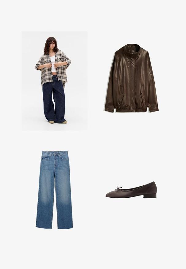 Hnědá kožená bunda s vysokým límcem, bočními kapsami a pružným lemem. Hladký povrch s mírně lesklým finišem.; Mladá žena v oversized béžovo-černém kostkovaném tričku přes bílé crop top, s širokými tmavě modrými džíny a světlými botami, stojící na bílém pozadí.; Svetle modré široké džíny z denimu s vysokým pasem, dvěma předními kapsami a jemným vyblednutím na stehnech, se standardním zapínáním na knoflík a zip.; Hnědé kožené baletky s kulatou špičkou a malým blokovým podpatkem. Mají tenkou mašličku vpředu a decentní švy.