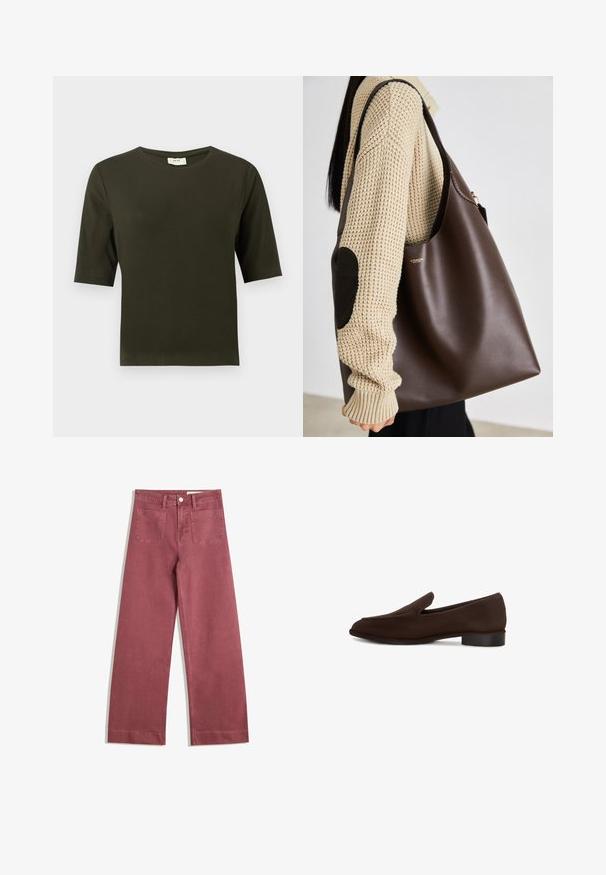 Jachetă din piele maro cu guler înalt, buzunare laterale și tiv elastic. Textură netedă cu un finisaj ușor lucios.; Tricou scurt cu mânecă, de culoare verde închis, cu decolteu rotund, fabricat dintr-un material moale, având un design simplu și drept.; Pantaloni cu picioare largi într-o nuanță de roz pal. Fabricat dintr-un material rezistent, având două buzunare la spate, închidere cu nasture și curea.; Pantof de culoare maro, cu textură netedă, formă alungită, toc mic și design minimalist. Fără modele sau embellismente vizibile.; Geantă tote din piele maro cu un design spațios. Prezintă o textură netedă și un logo auriu subtil. Asortată cu un pulover tricotat crem.