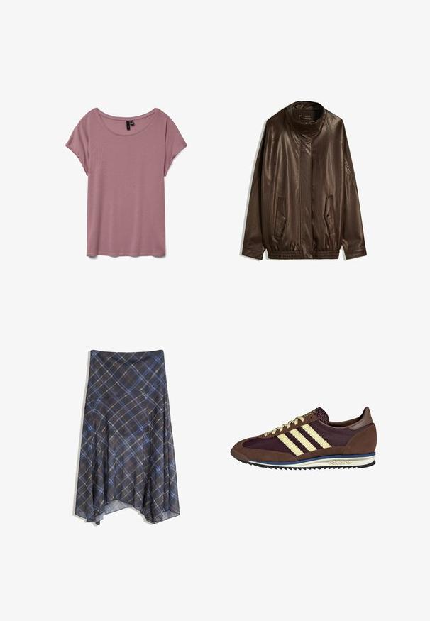 Brown leather jacket with a high collar, side pockets, and elasticized hem. Smooth texture with a slightly shiny finish.; Light pink short-sleeve t-shirt made of soft fabric with a rounded neckline and loose fit, featuring no visible patterns or textures.; Black plaid skirt featuring blue and brown lines, flowing design, mid-length, made from lightweight fabric with a smooth texture.; Brown and burgundy sneaker with suede and mesh materials, featuring three cream stripes, textured fabric on the tongue, and a rubber sole.