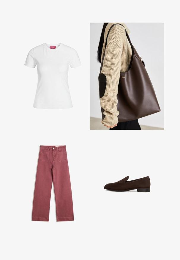 Ruskea nahkatakki, jossa on korkea kaulus, sivutaskut ja elasticisoitu helma. Sileä rakenne, jossa on hieman kiiltävä pinta.; Valkoinen puuvillapaita, jossa on lyhyet hihat ja pyöreä pääntie. Sisäkauluksessa on vaaleanpunainen etiketti. Sujuva kangas.; Vaatteet, joissa on leveät lahkeet ja hillitty ruusukuosi. Valmistettu kestävästä kankaasta, johon kuuluu kaksi takataskua, nappisulku ja vyölenkit.; Ruskea liukusukka, jossa on sileä pinta, pitkänomainen muoto, matala lohkokanta ja minimalistinen muotoilu. Ei näkyviä kuvioita tai koristeita.; Ruskea nahkainen kassi, jossa on tilava muotoilu. Ominaisuuksina sileä pinta ja hienovarainen kultainen logo. Yhdistetty kermaiseen neulepuseroon.