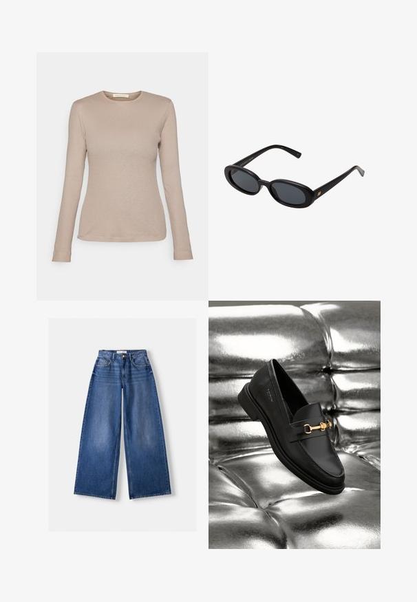 Brun läderjacka med hög krage, sidofickor och elastisk nederkant. Slät textur med en något glansig finish.; Beige långärmad ribbad topp med rund halsringning och figurnära passform. Har en liten tygetikett vid fållen, tillverkad av ett mjukt textilmaterial.; Bershka WIDE-LEG - Wide leg - dark blue; Svart läderloafer med detaljer i guldfärg. Skon har en slank design och en jämn, blank yta.; Svarta överdimensionerade solglasögon med ovala linser, slät plastbåge och guldaccent på bågarna. Mörka linser ger solskydd.; Mjuk brun hobo-väskastil med ett brett axelband och en rundad öppning upptill, visad på en vit bakgrund.