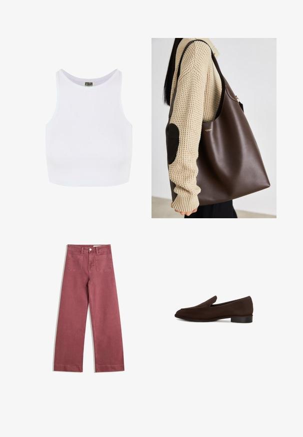 Brun læderjakke med høj krave, sidelommer og elastisk afslutning. Glat tekstur med en let glinsende overflade.; Hvid ribbet cropped tanktop med brede skulderstropper og en rund udskæring. Har en blød tekstur og et minimalistisk design uden mønstre.; Bredde bukser i en dæmpet lyserød farve. Fremstillet af sturdigt stof, med to baglommer, knaplukning og bæltestropper.; Brun slip-on sko med en glat tekstur, forlænget form, lav blokhæl og minimalistisk design. Ingen synlige mønstre eller udsmykninger.; Brun læder tote taske med et rummeligt design. Har en glat tekstur og et diskret guldlogo. Parret med en cremefarvet strikket trøje.